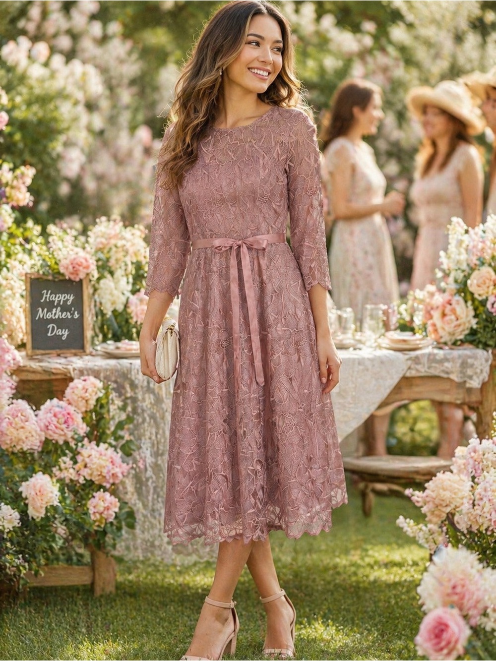 Lace Midi Dress in Dusty Rose - Perfect for Garden Parties/Mother’s Day and more